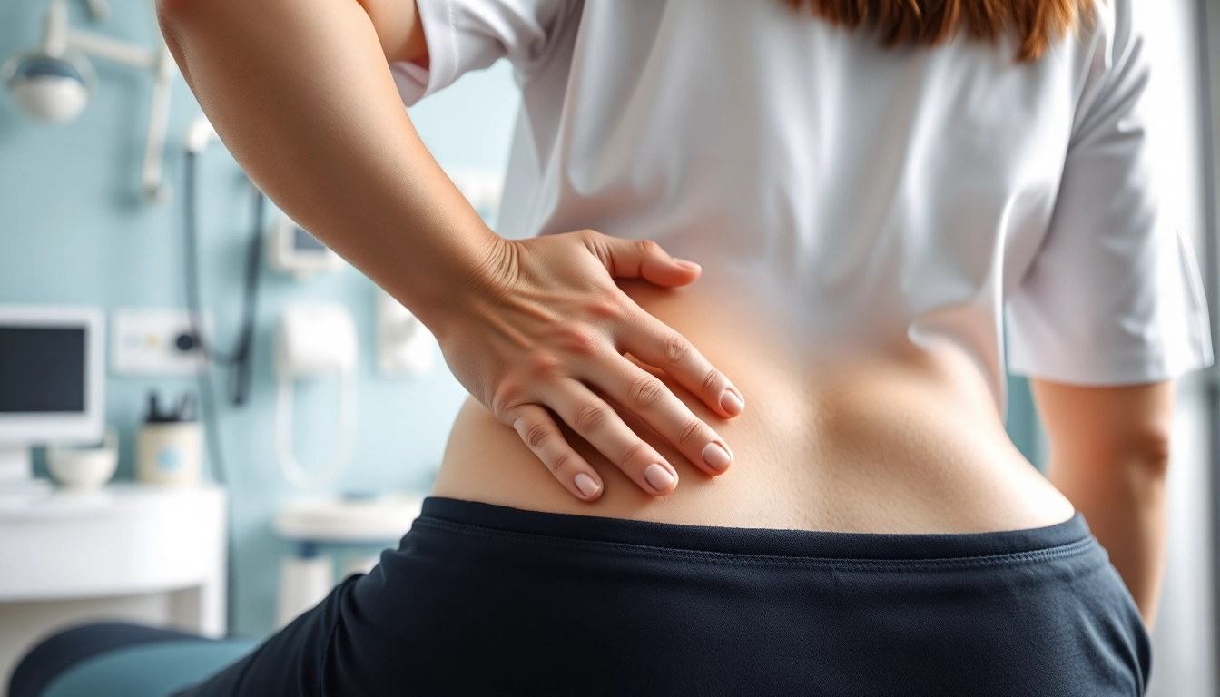 Showcase effective back pain solutions with a physiotherapist aiding a patient in a clinic setting.