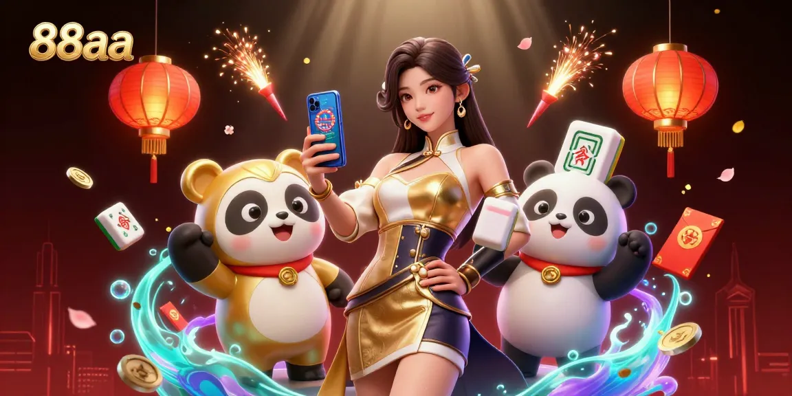 Engaging scene at 88aa showcasing an Asian woman with a smartphone and a golden panda mascot enjoying casino games.