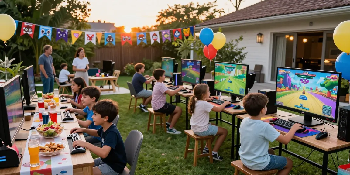 Exciting video gaming party scene with kids playing in a colorful outdoor setup full of consoles and games.