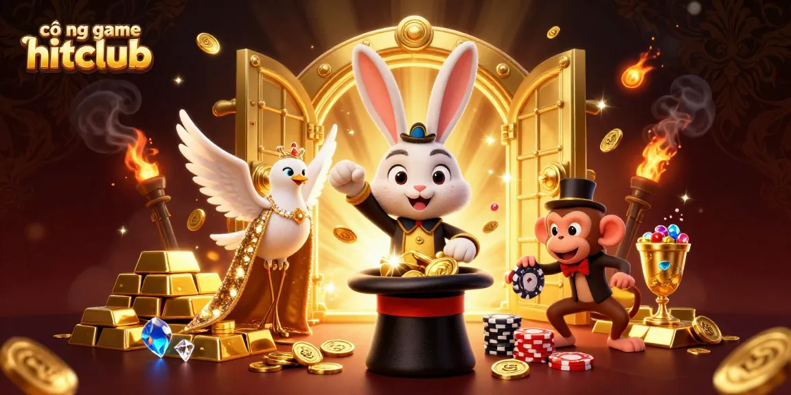 Cổng game hitclub showcases a 3D rabbit magician, dove, and monkey amidst rich casino treasures.