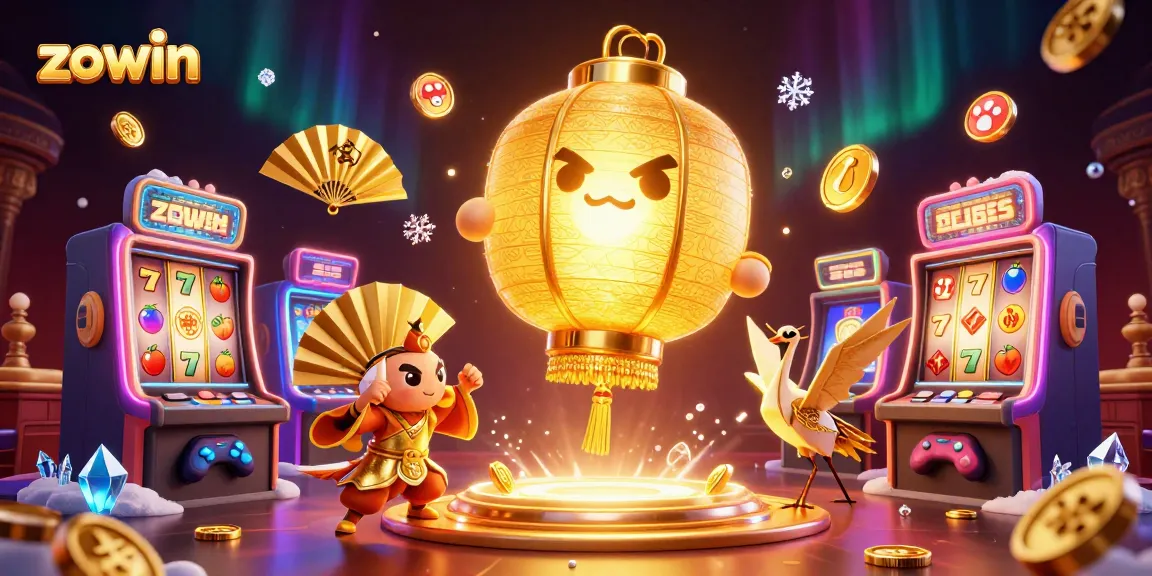 Engage with vibrant Zowin slot machines illuminated by golden lantern spirit in a lively casino.