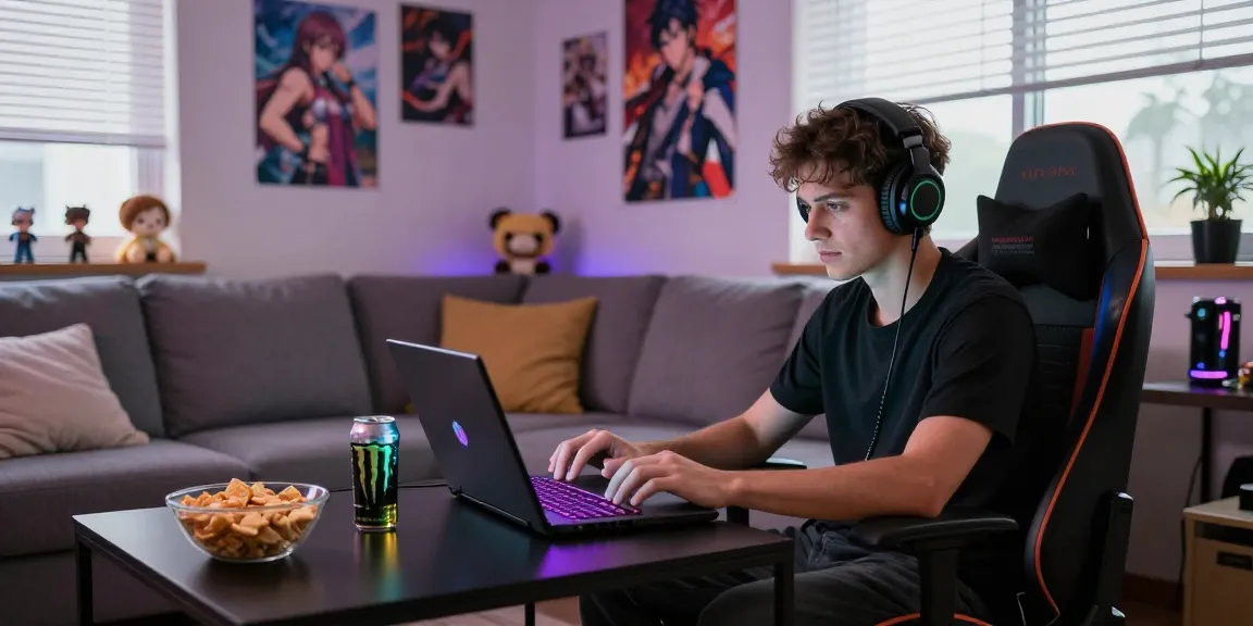 Enjoying hentai games online in a cozy gaming setup with anime posters.