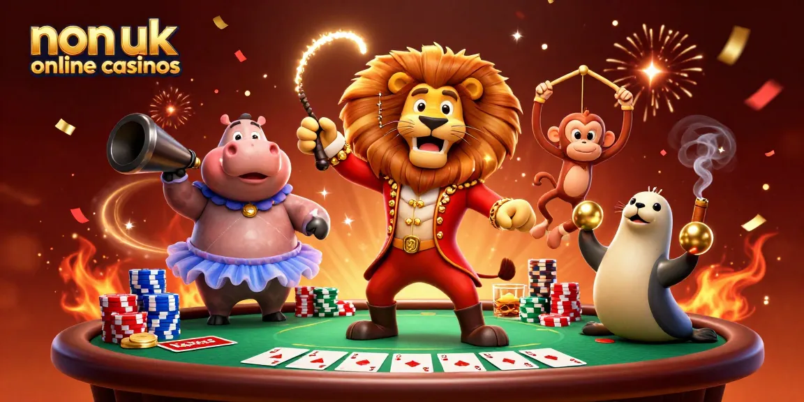 Engage with non uk online casinos illustrated by a circus ringmaster lion and playful characters at a vibrant poker table.