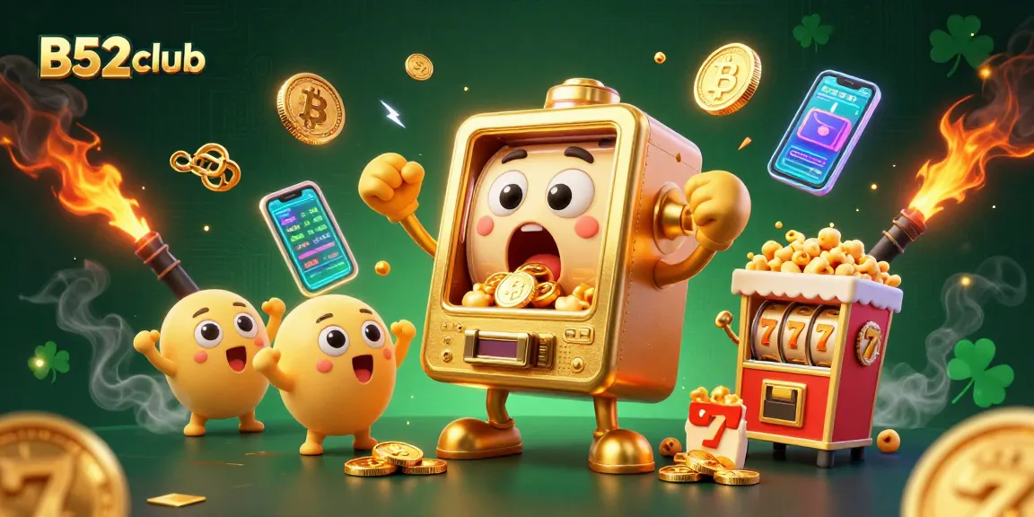 B52club slot machine hits jackpot, surrounded by cheering machines and crypto elements.