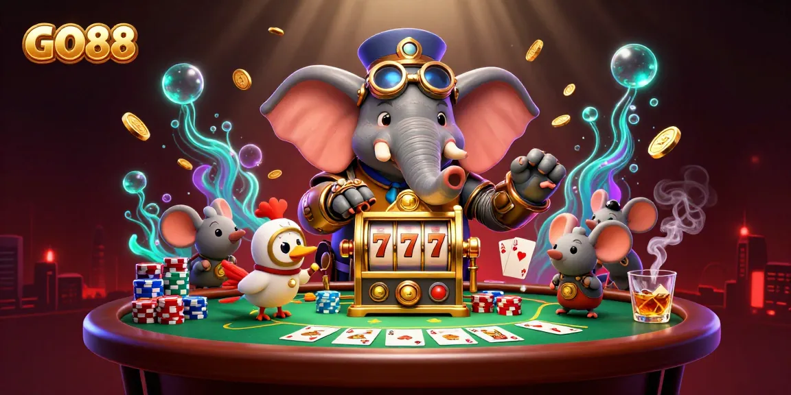 Spin the winning slots with GO88's steampunk elephant engineer amidst vibrant casino elements.
