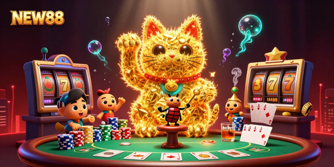 Experience the vibrant charm of NEW88 with a lucky cat formed by glowing fireflies amidst a rich casino backdrop.