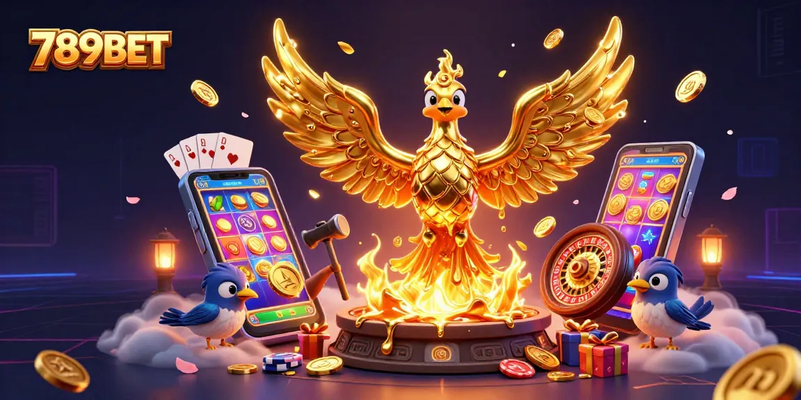 Experience 789BET's 3D golden phoenix unleashing coins and bonuses in an exciting casino scene