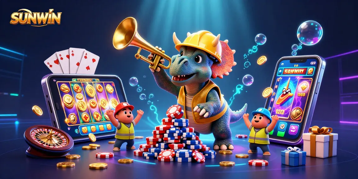 SUNWIN showcases a playful scene with a cheerful triceratops and parasaurolophus celebrating around casino elements, representing exciting gaming adventures.