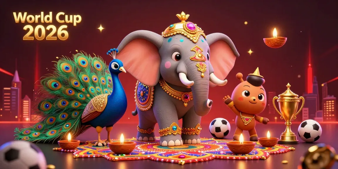 Experience the vibrant World Cup 2026 celebration with dynamic sports elements, showcasing a festive elephant and peacock.