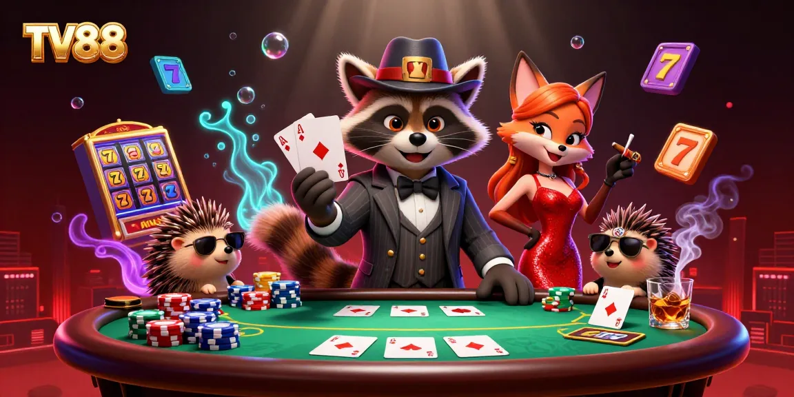 Engage with TV88 at this dynamic 3D casino scene featuring vibrant characters and rich gambling elements.