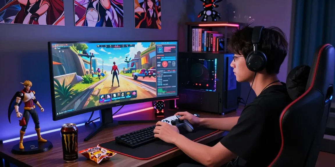 Engaging gamer playing a hentai game in a vibrant, immersive setup.