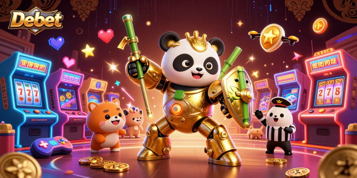 Engage in thrilling gameplay with Debet, as the golden panda battles in a vibrant casino arena.