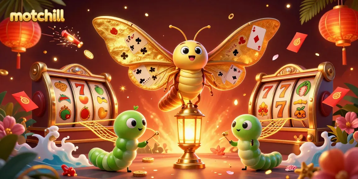 Experience thrilling casino excitement with motchill's vibrant 3D illustration featuring a majestic moth and dynamic elements.