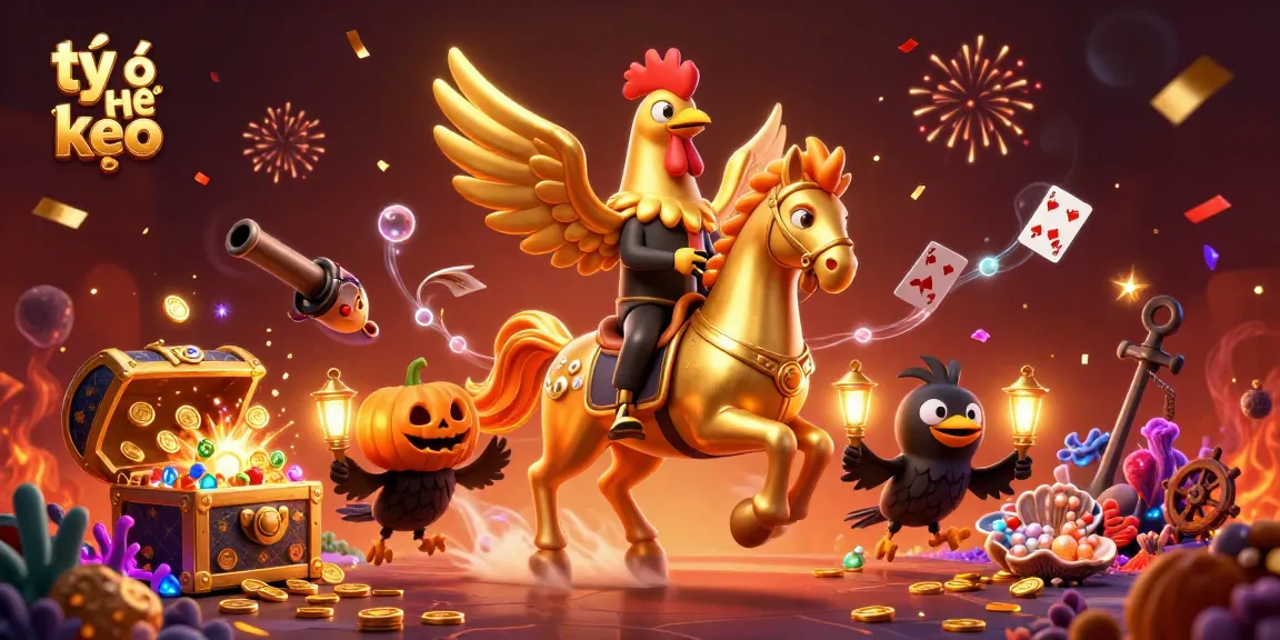 Engage in thrilling betting action with tỷ lệ kèo, showcasing a golden rooster riding a spectral horse amidst captivating casino elements.
