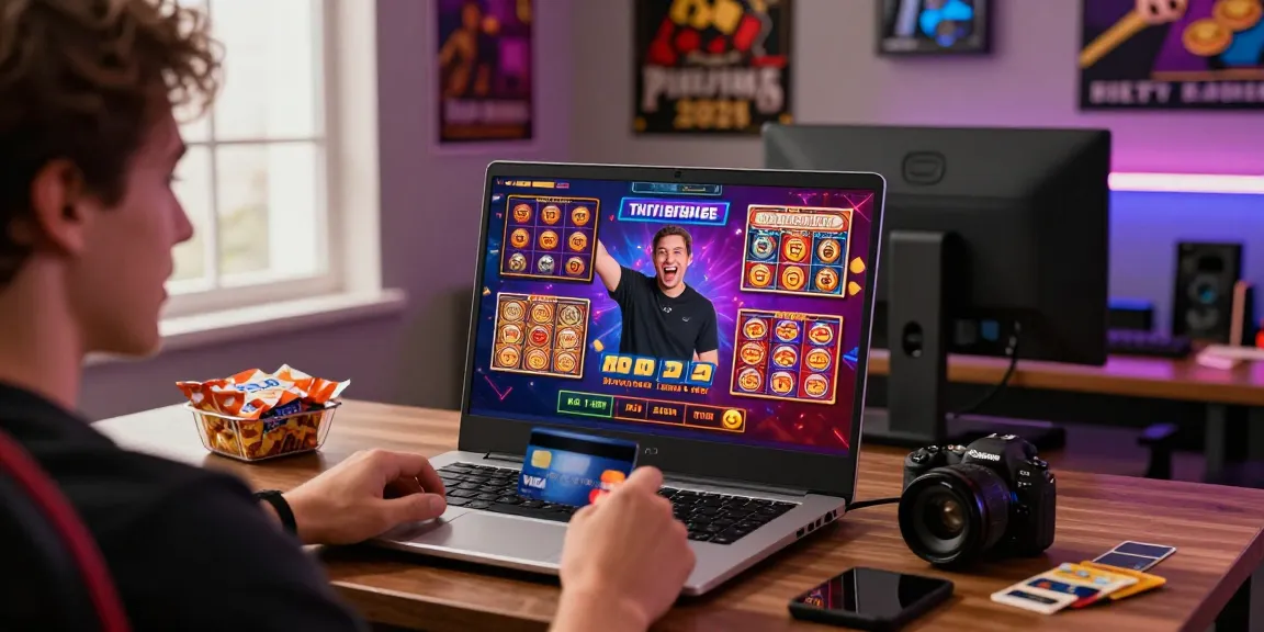 Player enjoying online gaming at credit card casinos, engaging with live dealer, laptop with slot games, colorful atmosphere.