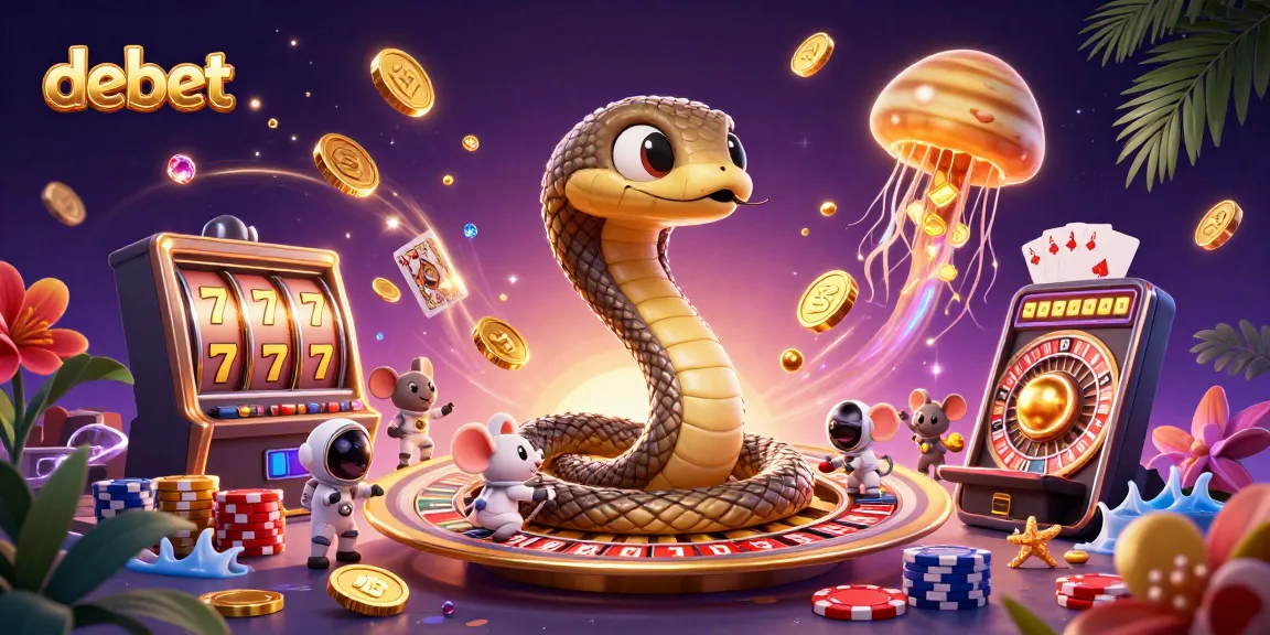 Experience the thrill of debet with a 3D cosmic casino scene featuring vibrant games and playful characters.