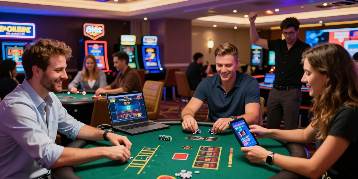 Experience the thrill of credit card casinos at https://scoarch.org.uk with players enjoying games, vibrant atmosphere, and neon signs.