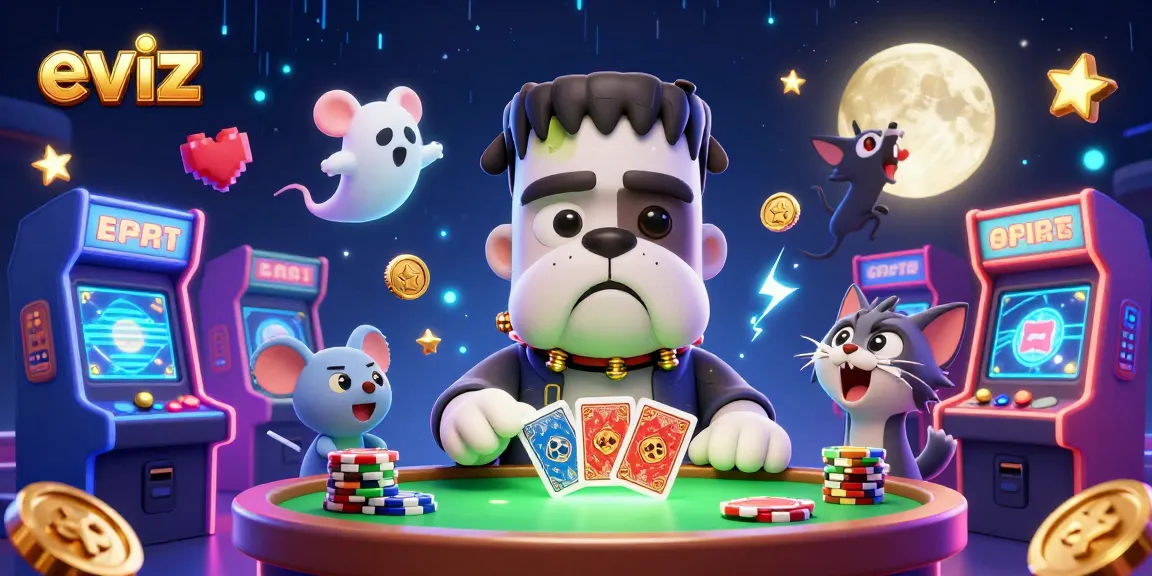 eviz showcases a vibrant casino scene with a Frankenstein bulldog dealer and lively game elements