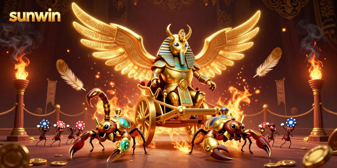 Experience thrilling gameplay at sunwin with a golden scarab beetle and chariot in a captivating casino arena.