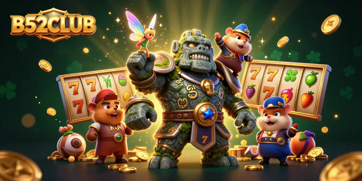 B52CLUB showcases a vibrant 3D illustration of a golem and companions celebrating a jackpot!