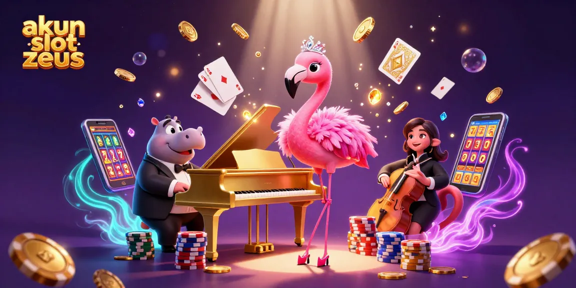 Spin and win with akun slot zeus, as vibrant characters perform at a glitzy casino scene filled with treasures.