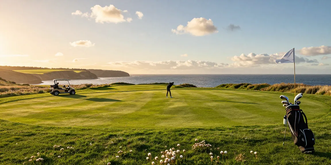 Golfing at Cullen Links golf course during golden hour, showcasing golfer and scenic landscape.