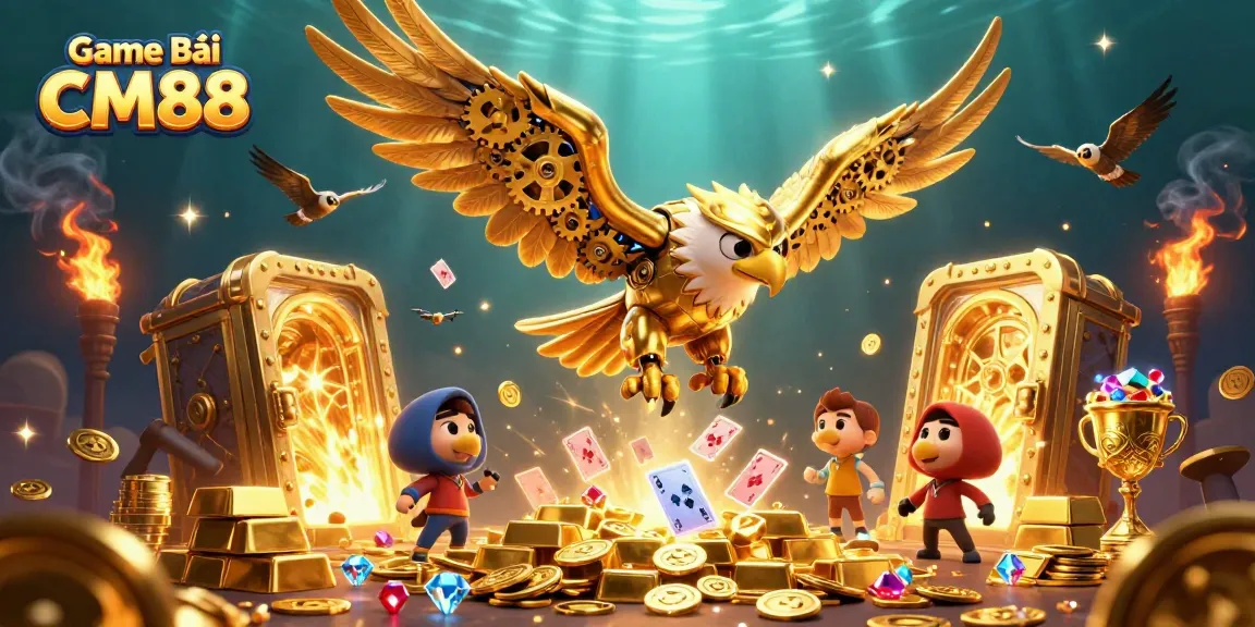 Engage with Game Bài CM88 featuring a mechanical eagle soaring through holographic cards and treasure elements.
