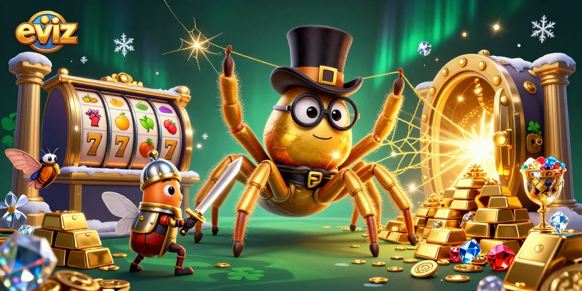 Engage with eviz at a vibrant casino scene featuring a golden tarantula and beetle knight amidst riches.