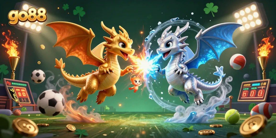 Engage with go88 to experience casino thrills featuring gold and silver dragons amidst vibrant sports elements.