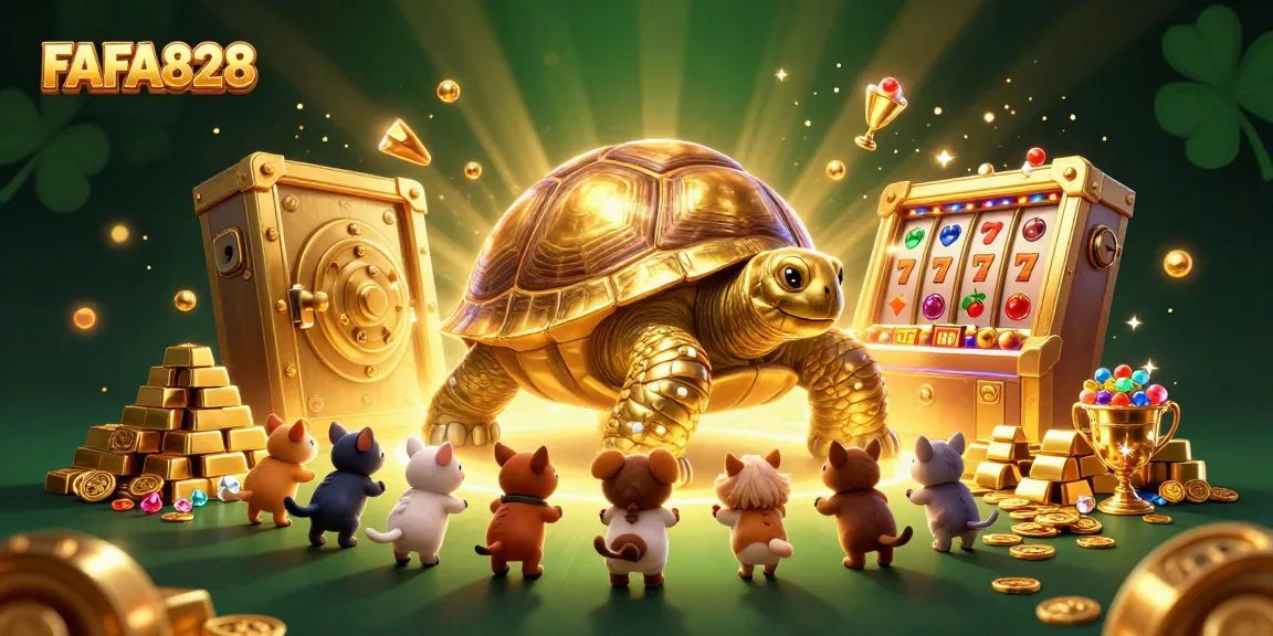 Play exciting slots at FAFA828 with a golden tortoise pinball machine amidst treasure and jackpots.