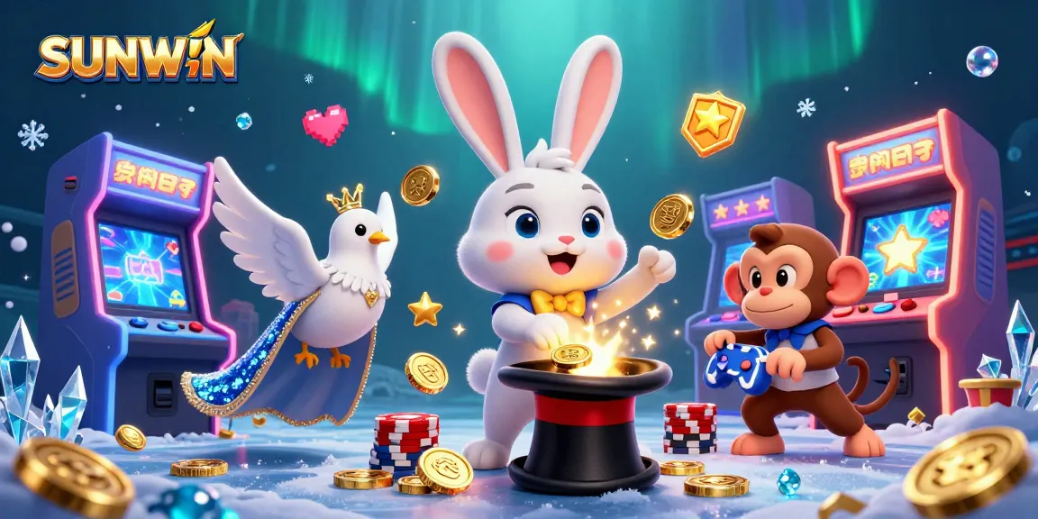 SUNWIN offers engaging gameplay with golden coins and poker chips around a playful magician and animals in a vibrant casino scene.