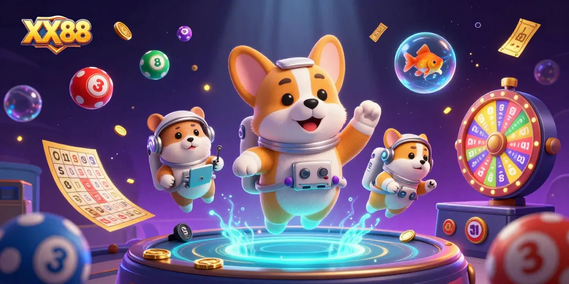 Experience thrilling gameplay at XX88 with a floating corgi and colorful casino elements in a dynamic scene.