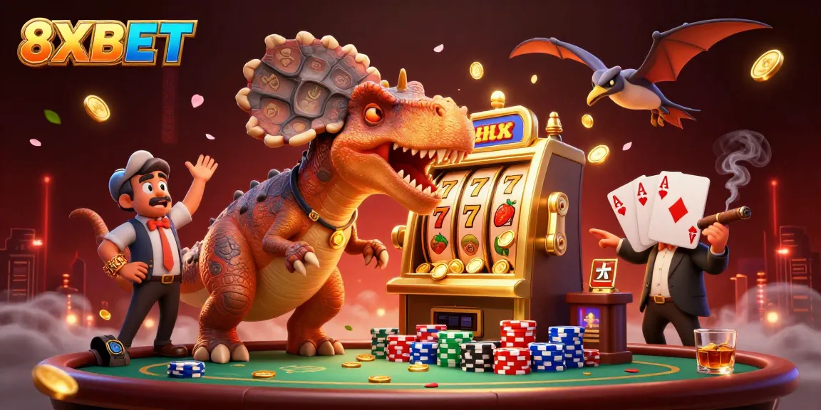 8XBET thrills as dinosaur hits a golden slot machine, coins fly amidst casino chaos.