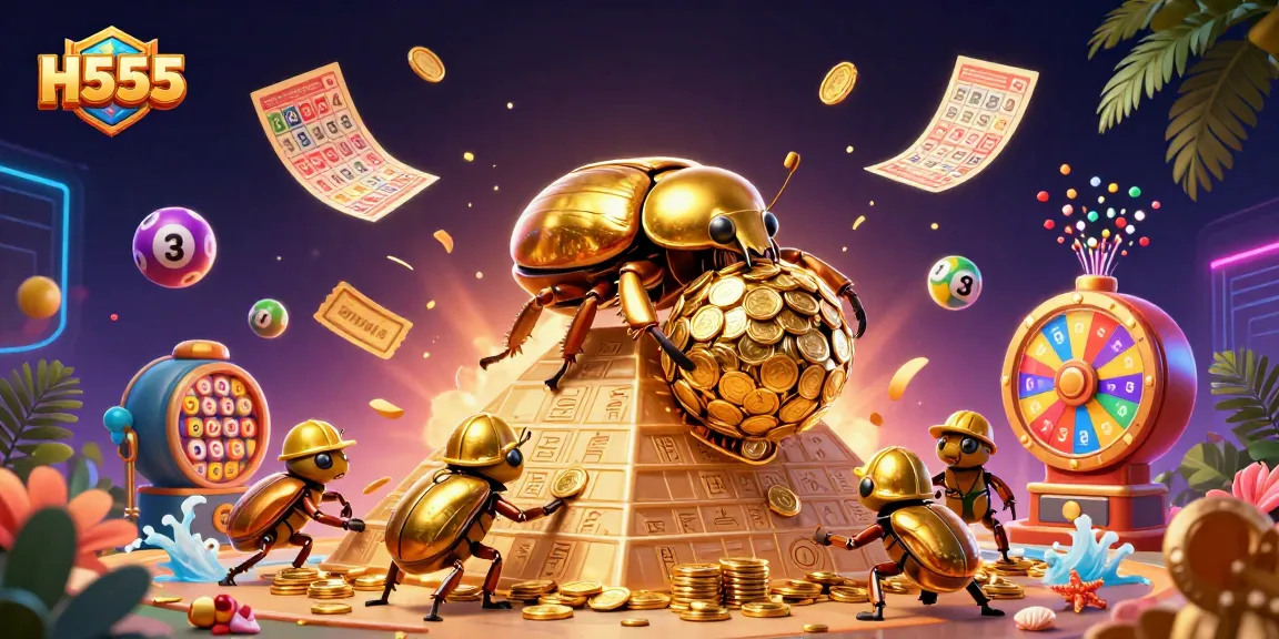 Engage in thrilling H555 gaming with an extravagant scene showcasing golden beetles, casino symbols, and vibrant lottery elements.