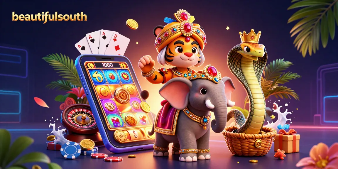beautifulsouth casino illustration showcases a vibrant 3D scene with slot games and casino elements.