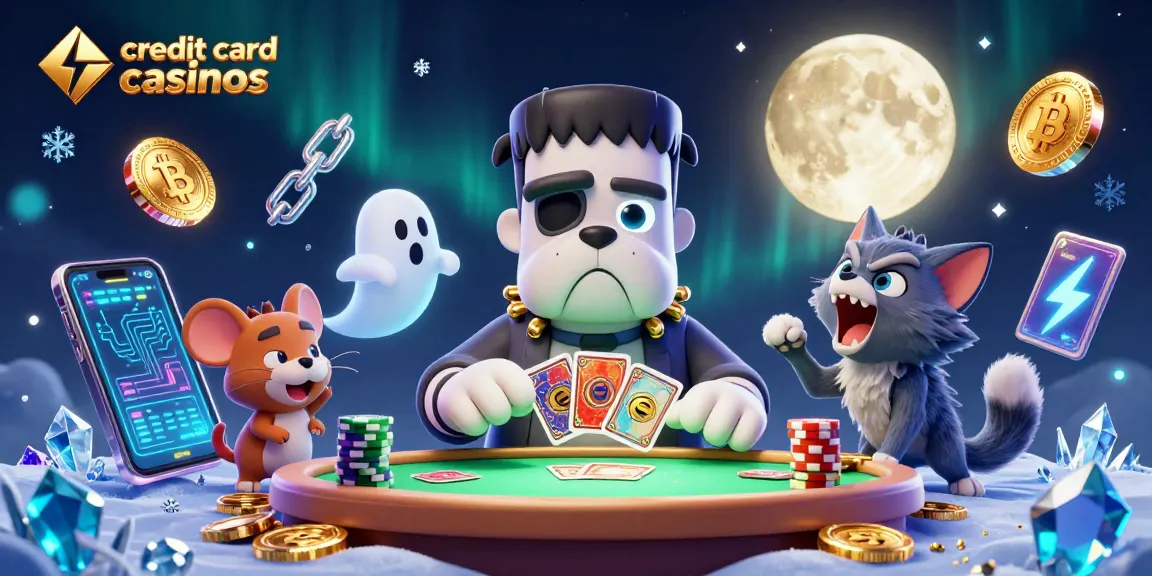 Engage with credit card casinos while a Frankenstein bulldog deals cards at an eerie table surrounded by ghostly coins.