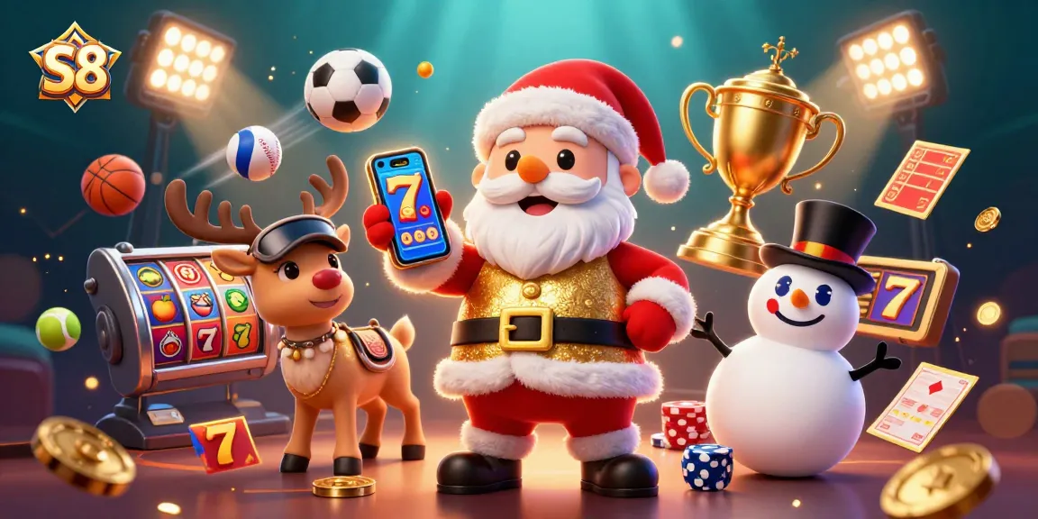 S8 casino scene featuring Santa and his friends playing jackpot slots among sports elements.